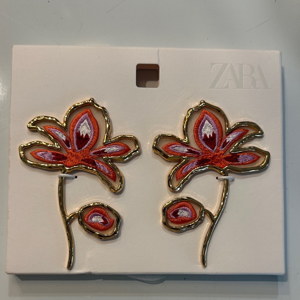 ZARA Gold-Trim Red & Pink Floral Drop Earrings